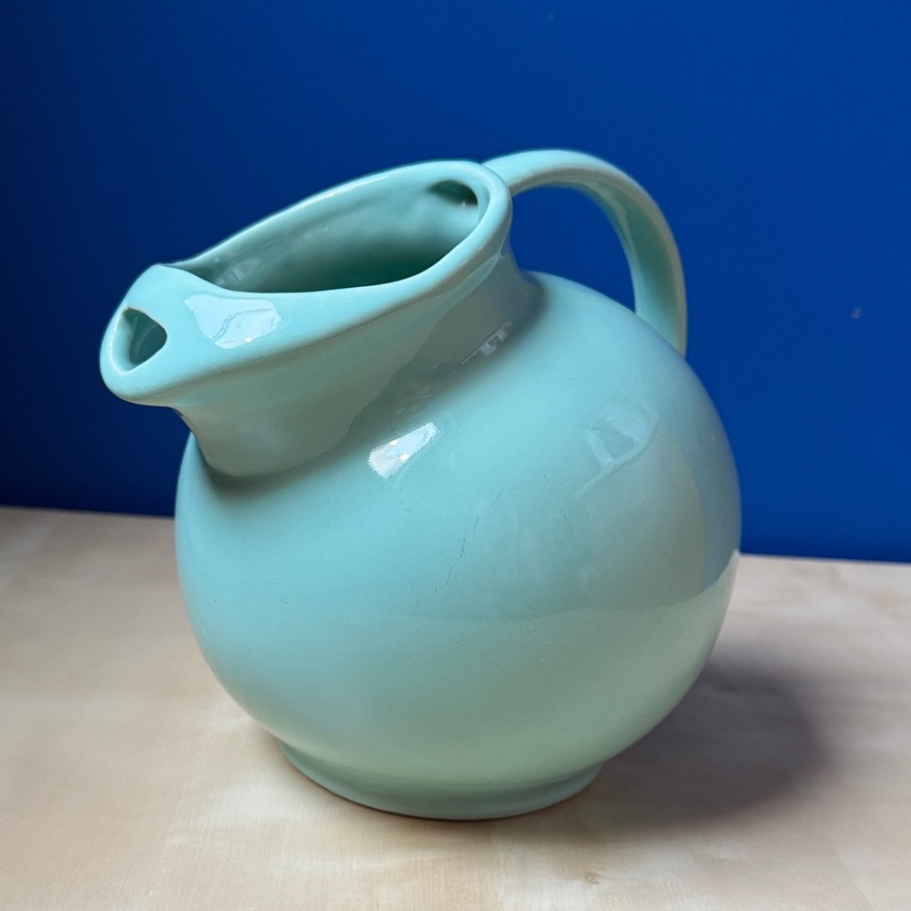 VTG USA pottery Aqua Mint Green ceramic ice lip tilt ball water pitcher w handle